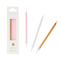 Long Pink and Silver Birthday Candles - 16 Pack