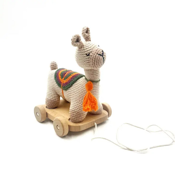 Crochet Toy Handmade Fairtrade Pull Along Toy Llamas Natural