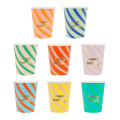 Stripe Happy Birthday Cups (x 8)