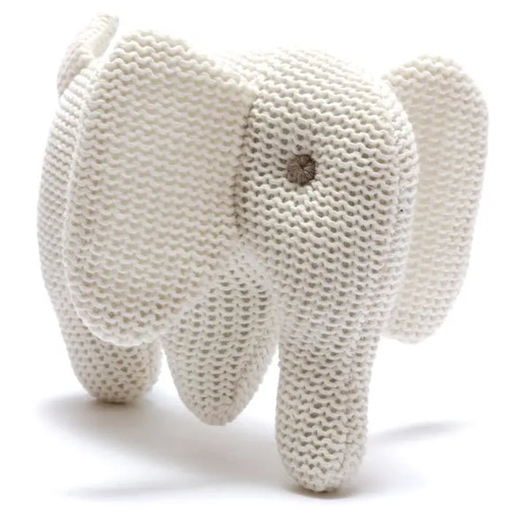 Knitted White Organic Cotton Elephant Baby Rattle