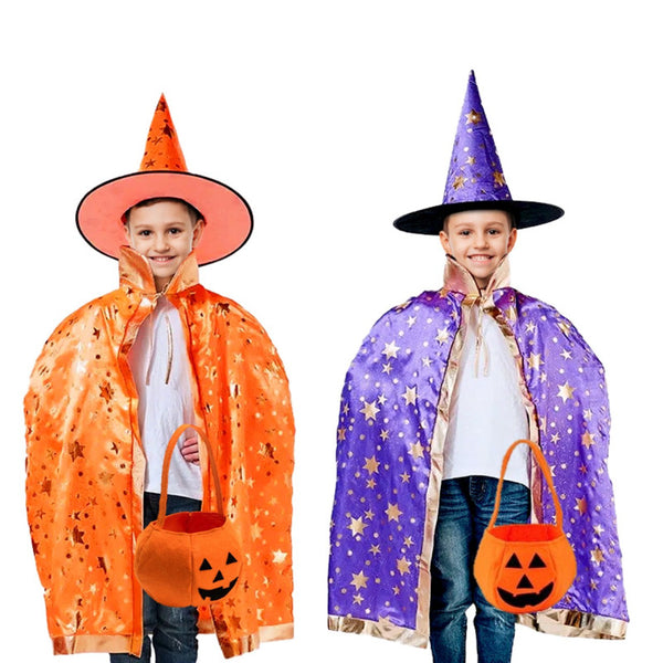 Set 3 pieces witch 3  Cape 80cm +hat 34cm + bag 28cm Orange OR Purple
