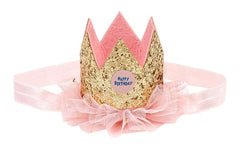 Birthday crown gold-ruffle on elastic hair band - giftbox