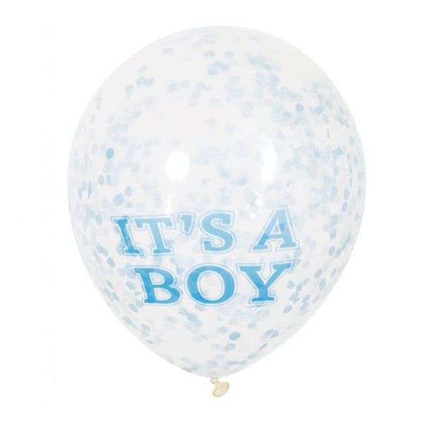 6 Transparent blue balloons 30 cm with confetti - It's a boy