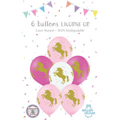 6 Ballons latex LICORNE OR 30 cm