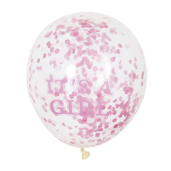 6 transparent balloons 30 cm with conffetis - It's a girl pink