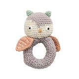 Crochet rattle, Blinky the owl, raindrop grey