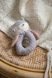 Crochet rattle, Blinky the owl, raindrop grey