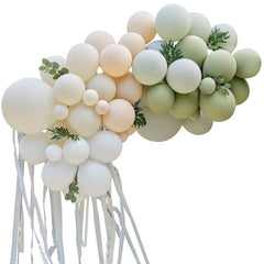 Botanical balloon arch with eucalyptus and sage leaves and streamers