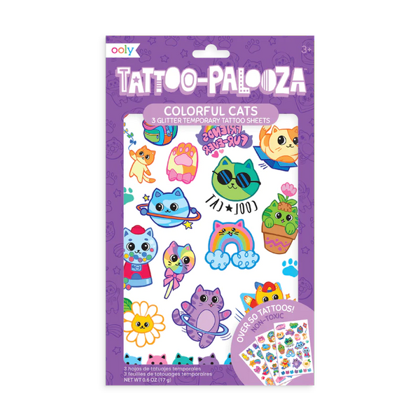 tattoo-palooza temporary tattoos - colorful cats - 3 sheets