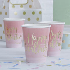 GOLD FOILED PINK OMBRE HAPPY BIRTHDAY PAPER CUPS - PICK AND MIX